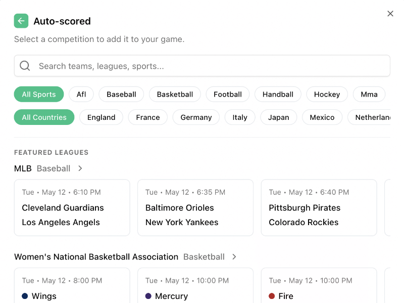 Add Competition modal showing the sports browser