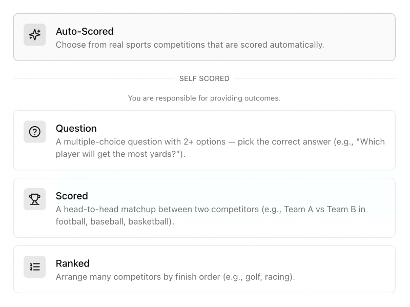 Custom contest type selection: Scored, Question, and Ranked