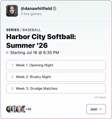 The Harbor City Softball: Summer '26 series card, hosted by @danawhitfield. It has 3 live games, with 3 more going live in the near future, and 38 participants.